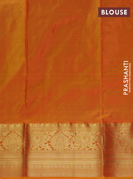 Pure kanchipuram silk lehenga dhawani dual shade of bluish rust and sunset orange with allover zari woven buttas and rich zari woven border