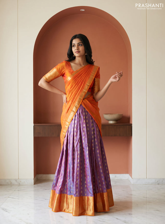 Pure kanchipuram silk lehenga dhawani dual shade of bluish rust and sunset orange with allover zari woven buttas and rich zari woven border