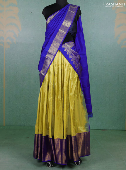 Pure kanchipuram silk lehenga dhawani yellow and blue with allover zari woven buttas and long rich zari woven border
