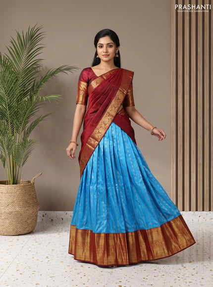 Pure kanchipuram silk lehenga dhawani light blue and maroon with allover zari woven buttas and long rich zari woven border
