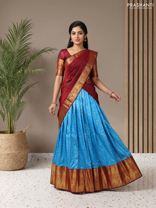 Pure kanchipuram silk lehenga dhawani light blue and maroon with allover zari woven buttas and long rich zari woven border