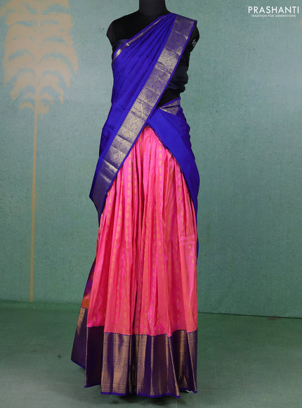 Pure kanchipuram silk lehenga dhawani dual shade of pink and violet with allover zari woven buttas and long rich zari woven border