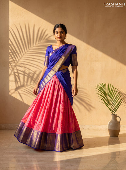Pure kanchipuram silk lehenga dhawani dual shade of pink and violet with allover zari woven buttas and long rich zari woven border
