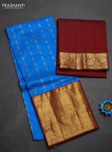 Pure kanchipuram silk lehenga dhawani blue and deep maroon with allover zari woven buttas and long rich zari woven border