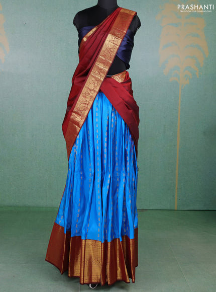 Pure kanchipuram silk lehenga dhawani blue and deep maroon with allover zari woven buttas and long rich zari woven border