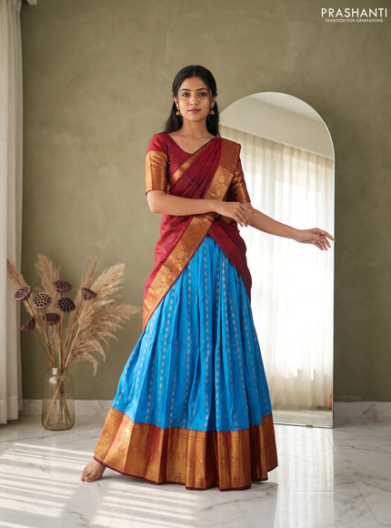 Pure kanchipuram silk lehenga dhawani blue and deep maroon with allover zari woven buttas and long rich zari woven border