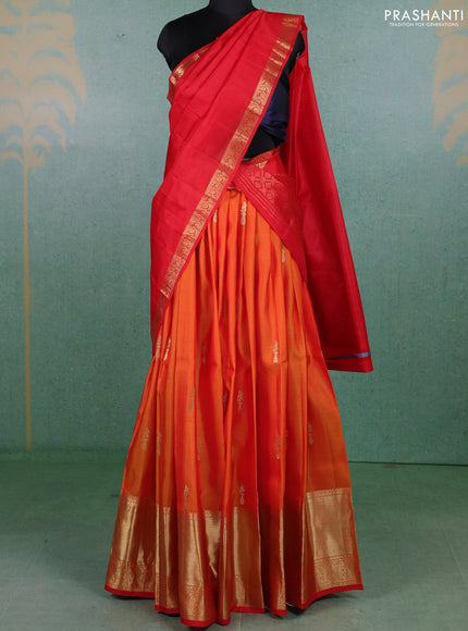 Pure kanchipuram silk lehenga dhawani mustard yellow and red with zari woven buttas and long rich zari woven border