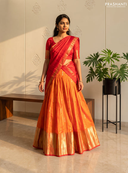 Pure kanchipuram silk lehenga dhawani mustard yellow and red with zari woven buttas and long rich zari woven border