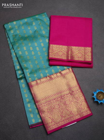 Pure kanchipuram silk lehenga dhawani teal green and pink with allover zari woven buttas and long rich zari woven border