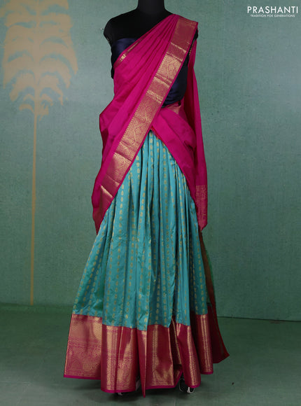 Pure kanchipuram silk lehenga dhawani teal green and pink with allover zari woven buttas and long rich zari woven border
