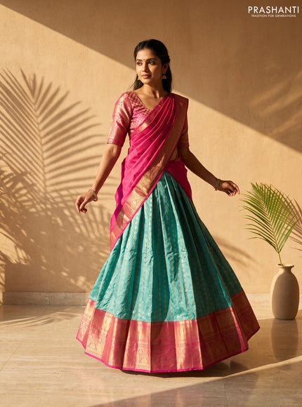 Pure kanchipuram silk lehenga dhawani teal green and pink with allover zari woven buttas and long rich zari woven border