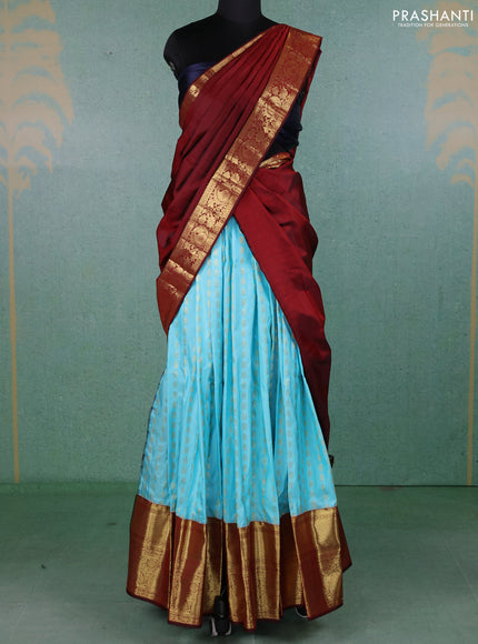 Pure kanchipuram silk lehenga dhawani mild teal blue and maroon with allover zari woven buttas and long rich zari woven border