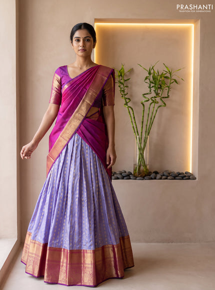 Pure kanchipuram silk lehenga dhawani lavender and purple with allover zari woven buttas and long rich zari woven border