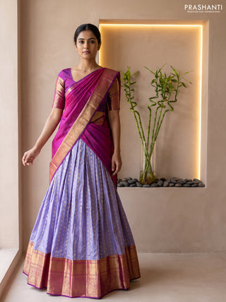 Pure kanchipuram silk lehenga dhawani lavender and purple with allover zari woven buttas and long rich zari woven border