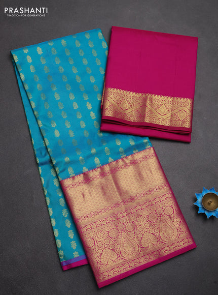 Pure kanchipuram silk lehenga dhawani teal blue shade and pink with allover zari woven buttas and long rich zari woven border