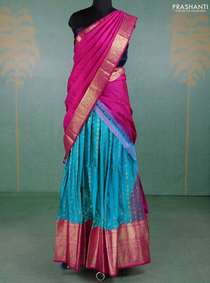 Pure kanchipuram silk lehenga dhawani teal blue shade and pink with allover zari woven buttas and long rich zari woven border