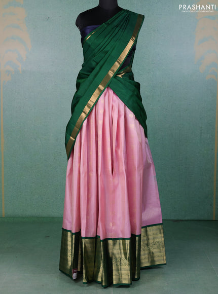 Pure kanchipuram silk lehenga dhawani light pink and green with allover zari checks & buttas and long rich zari woven border