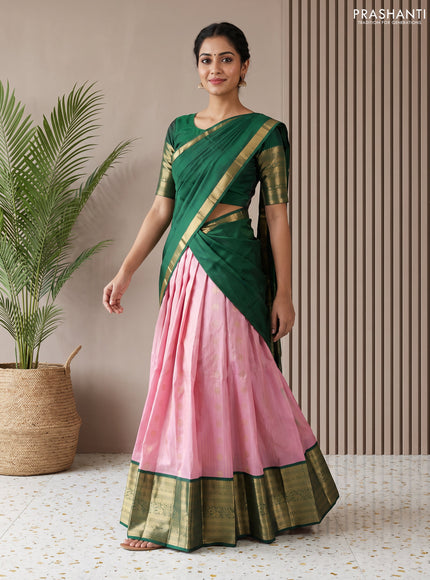 Pure kanchipuram silk lehenga dhawani light pink and green with allover zari checks & buttas and long rich zari woven border