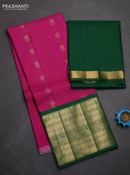 Pure kanchipuram silk lehenga dhawani magenta pink and green with allover zari checks & buttas and long rich zari woven border