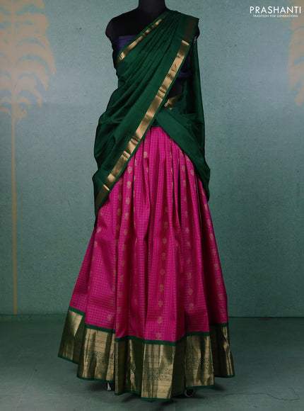 Pure kanchipuram silk lehenga dhawani magenta pink and green with allover zari checks & buttas and long rich zari woven border