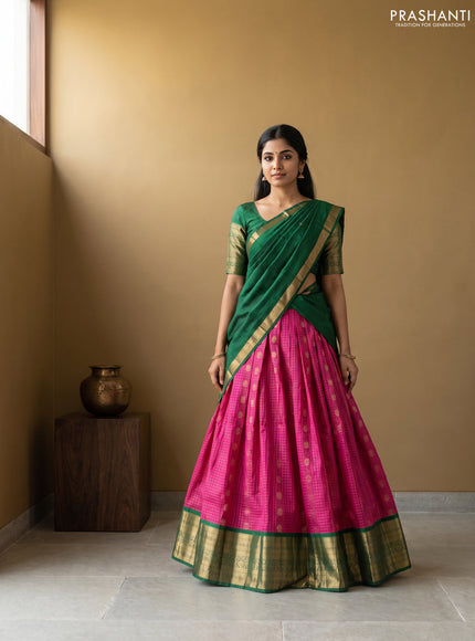 Pure kanchipuram silk lehenga dhawani magenta pink and green with allover zari checks & buttas and long rich zari woven border
