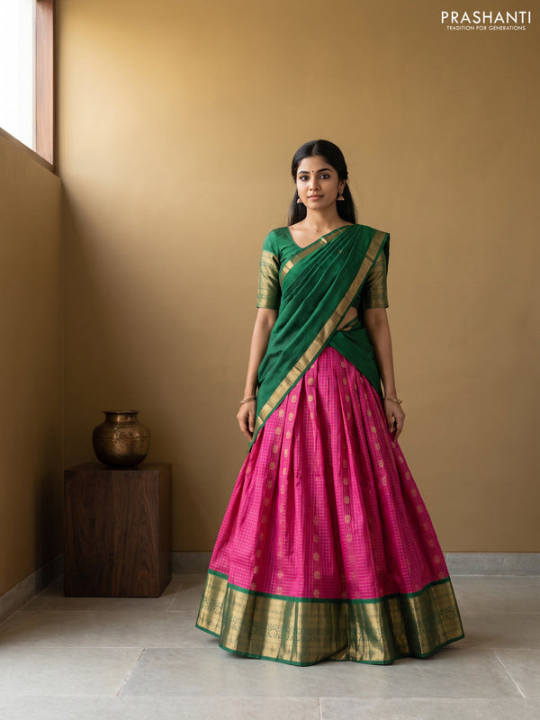 Pure kanchipuram silk lehenga dhawani magenta pink and green with allover zari checks & buttas and long rich zari woven border