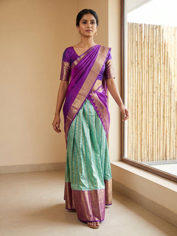 Pure kanchipuram silk lehenga dhawani dual shade of teal and purple with allover zari woven butta weaves and long rich zari woven border