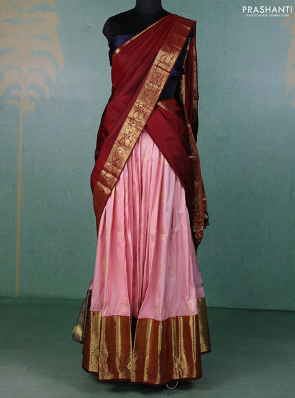Pure kanchipuram silk lehenga dhawani mild peach pink and deep maroon with allover zari weaves and long rich zari woven border