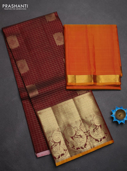 Pure kanchipuram silk lehenga dhawani deep maroon and mustard yellow with allover zari checks & buttas and rich zari woven border