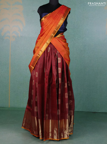 Pure kanchipuram silk lehenga dhawani deep maroon and mustard yellow with allover zari checks & buttas and rich zari woven border