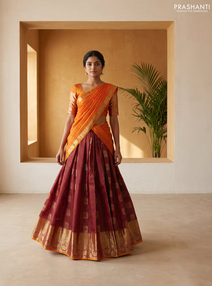 Pure kanchipuram silk lehenga dhawani deep maroon and mustard yellow with allover zari checks & buttas and rich zari woven border