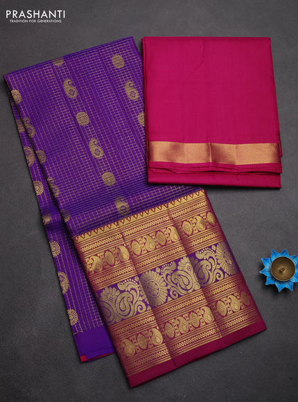 Pure kanchipuram silk lehenga dhawani purple and dark magenta pink with allover zari checks & buttas and long rich zari woven border