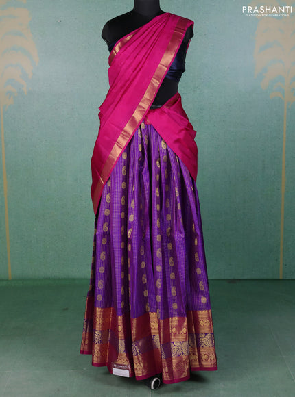 Pure kanchipuram silk lehenga dhawani purple and dark magenta pink with allover zari checks & buttas and long rich zari woven border