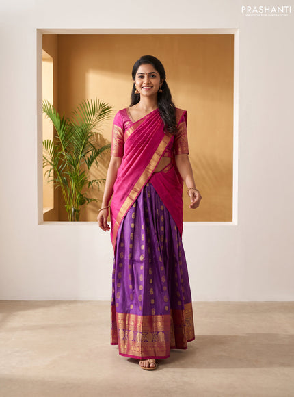 Pure kanchipuram silk lehenga dhawani purple and dark magenta pink with allover zari checks & buttas and long rich zari woven border