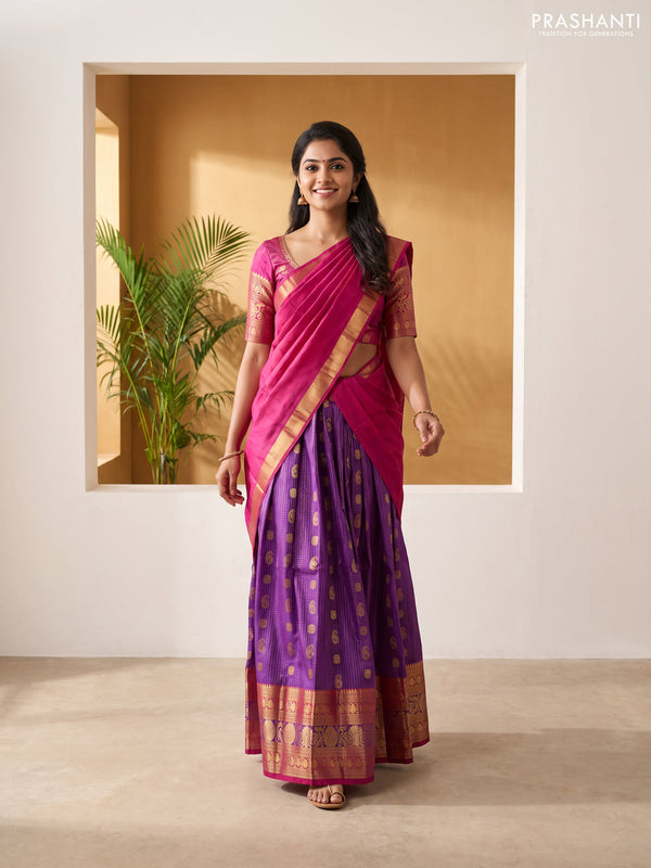 Pure kanchipuram silk lehenga dhawani purple and dark magenta pink with allover zari checks & buttas and long rich zari woven border