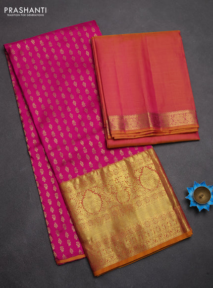 Pure kanchipuram silk lehenga dhawani pink and dual shade of pink yellow with allover zari woven butta weaves and long rich zari woven border
