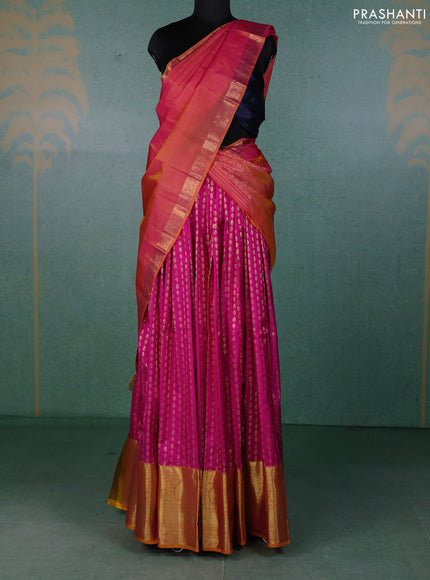 Pure kanchipuram silk lehenga dhawani pink and dual shade of pink yellow with allover zari woven butta weaves and long rich zari woven border