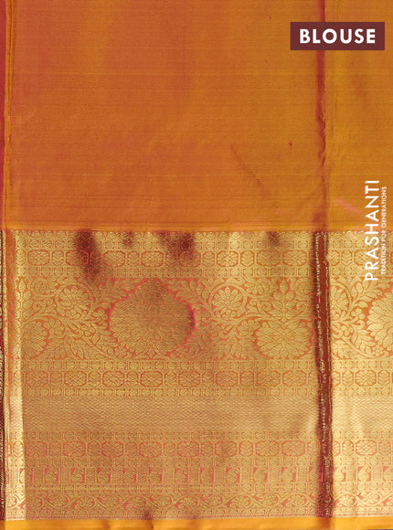 Pure kanchipuram silk lehenga dhawani pink and dual shade of pink yellow with allover zari woven butta weaves and long rich zari woven border