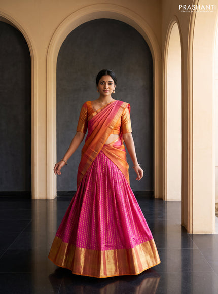 Pure kanchipuram silk lehenga dhawani pink and dual shade of pink yellow with allover zari woven butta weaves and long rich zari woven border