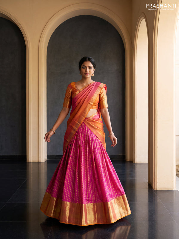 Pure kanchipuram silk lehenga dhawani pink and dual shade of pink yellow with allover zari woven butta weaves and long rich zari woven border