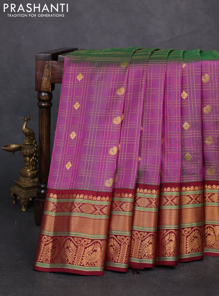 Pure gadwal silk saree dual shade of greenish purple and maroon with allover zari checks & buttas and zari woven border