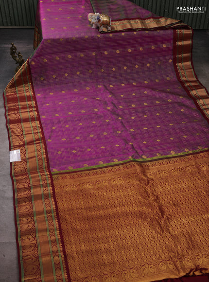 Pure gadwal silk saree dual shade of greenish purple and maroon with allover zari checks & buttas and zari woven border