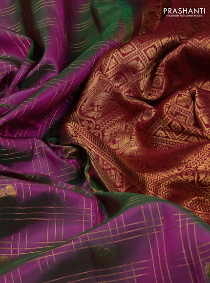 Pure gadwal silk saree dual shade of greenish purple and maroon with allover zari checks & buttas and zari woven border