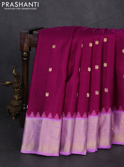 Pure gadwal silk saree dark magenta and lavender with zari woven buttas and temple design zari woven border