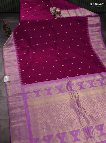 Pure gadwal silk saree dark magenta and lavender with zari woven buttas and temple design zari woven border