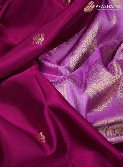 Pure gadwal silk saree dark magenta and lavender with zari woven buttas and temple design zari woven border