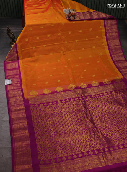 Pure gadwal silk saree dual shade of mustard yellow and purple with zari woven buttas and temple design zari woven border