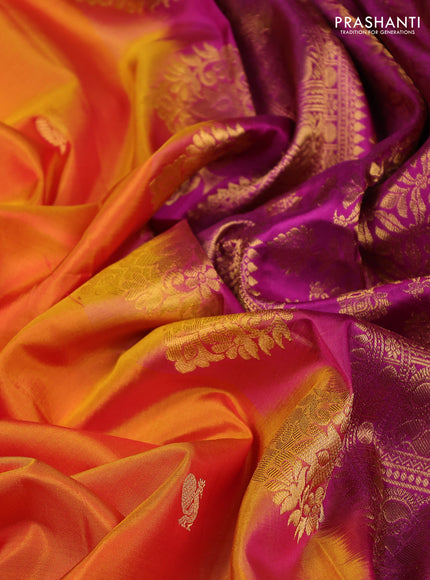Pure gadwal silk saree dual shade of mustard yellow and purple with zari woven buttas and temple design zari woven border