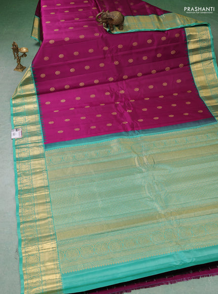 Pure gadwal silk saree purple and teal green with zari woven buttas and temple design zari woven border