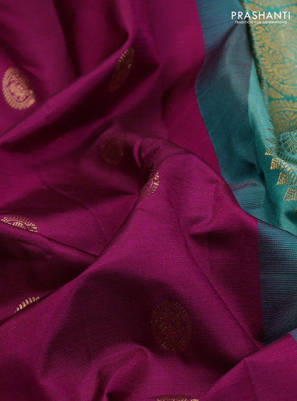 Pure gadwal silk saree purple and teal green with zari woven buttas and temple design zari woven border